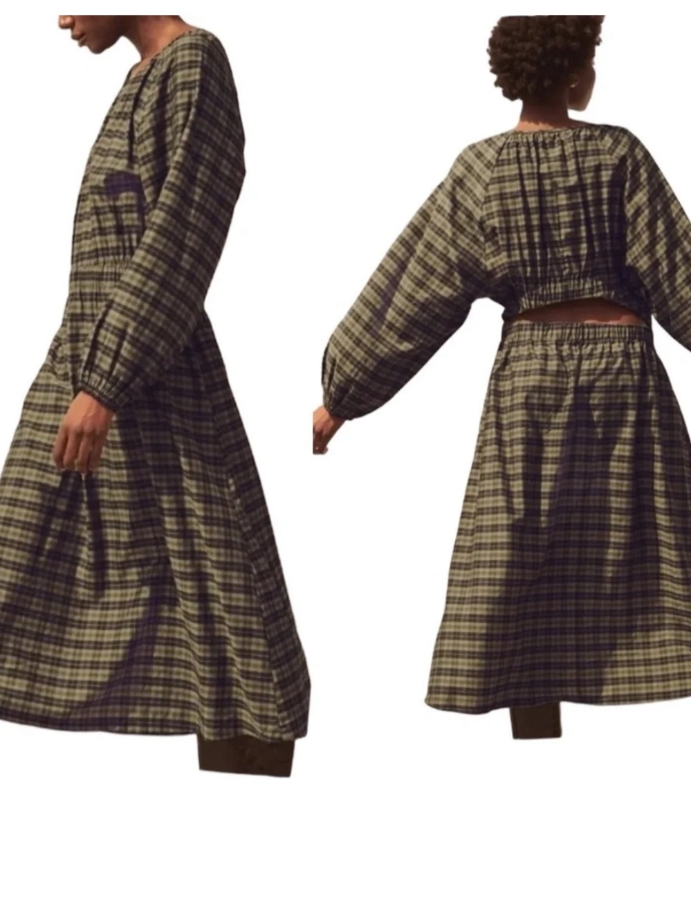 H&M Olive and Black Plaid Midi Dress